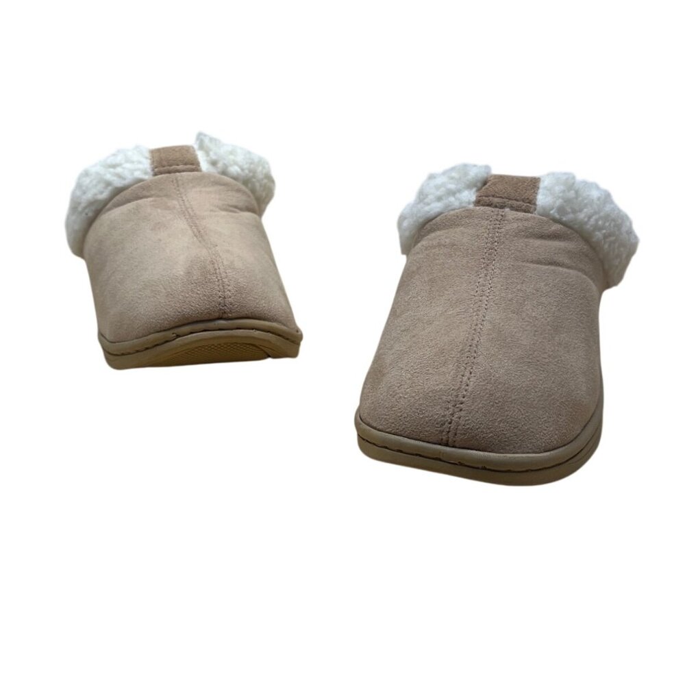 Dearfoams Womens Tan Suede-Like Faux Fur Lining Slip-On Slippers Clogs Sz 10